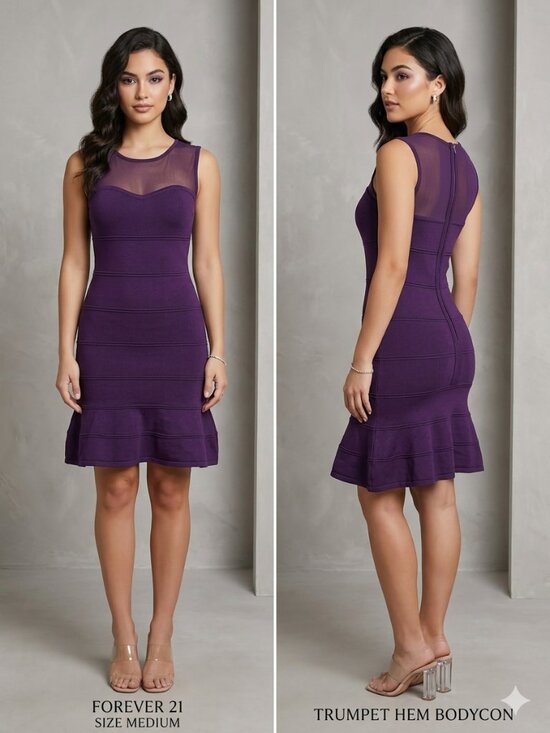 Forever 21 Dresses & Skirts - NEW Forever21 Purple Bodycon Dress Mesh Sheer Neck Sleeveless Trumpet Hem Size M